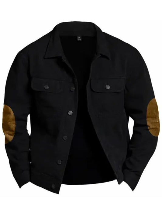 Black Classic Utility Jacket with Brown Elbow Patches