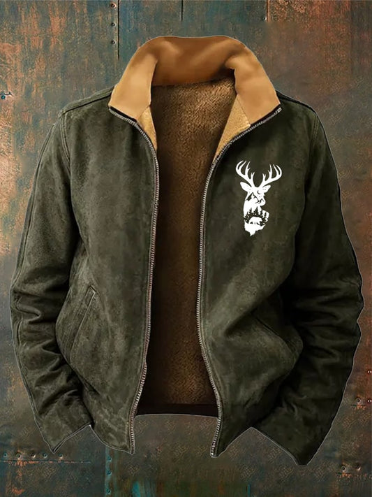 Green Fleece-Lined Zip Jacket – Vintage Outdoor Deer Graphic Coat