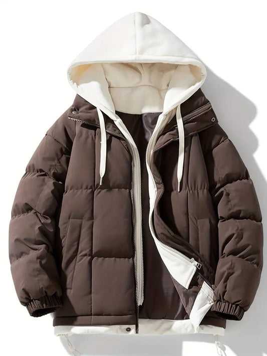 Brown & White Hooded Puffer Jacket – Warm Quilted Winter Coat