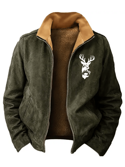 Green Fleece-Lined Zip Jacket – Vintage Outdoor Deer Graphic Coat